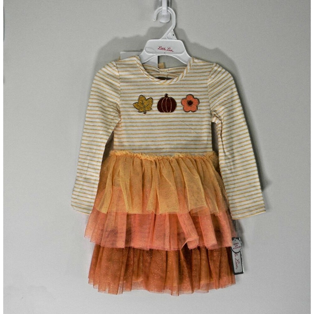 Little Lass Fall Dress Bow Set Pumpkin Leaves Girls sz 4 Ruffles School Play NWT